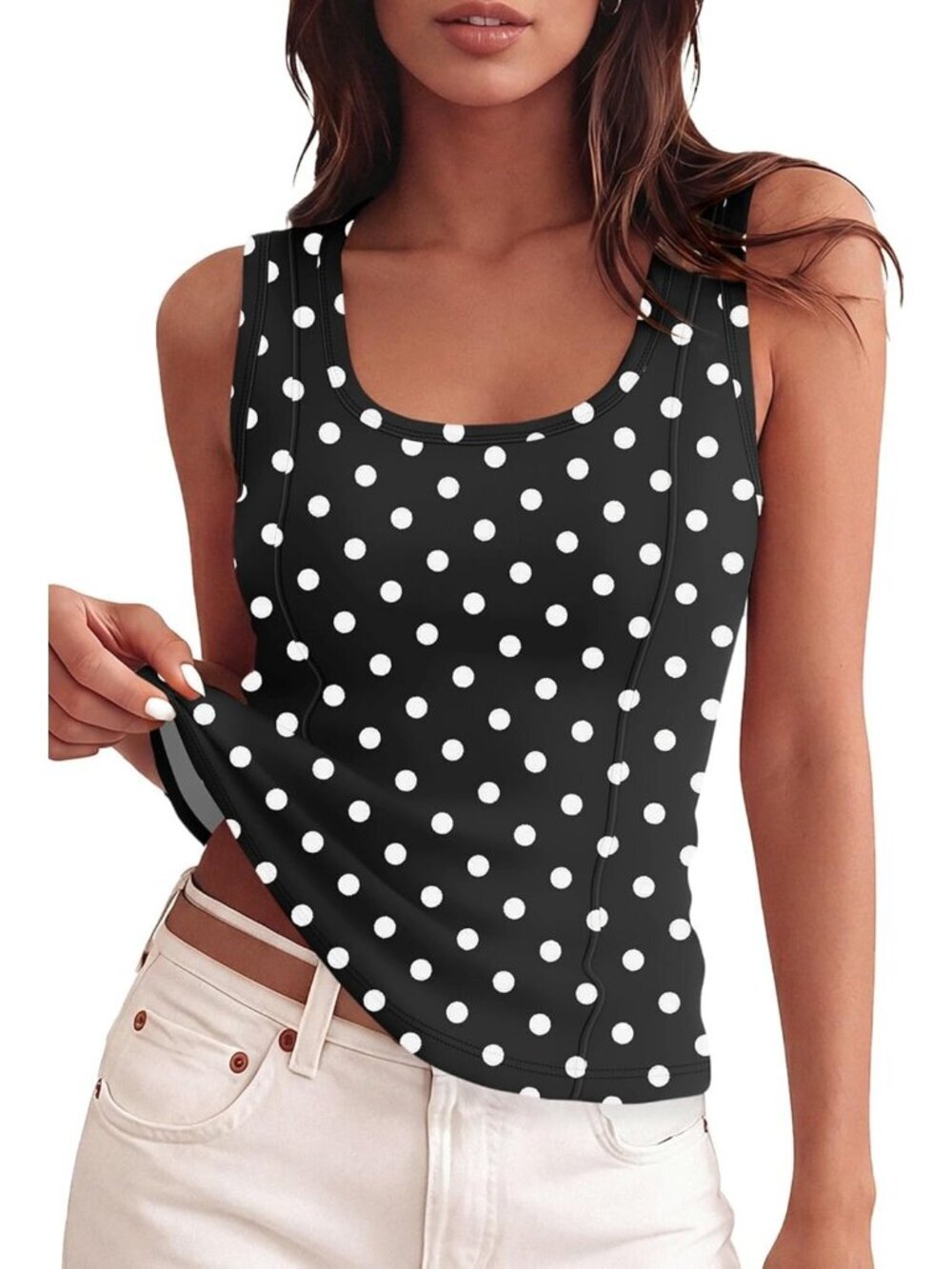 Womens White Polka Dots Tank Top Ribbed Scoop Neck Slim Fit Sleeveless